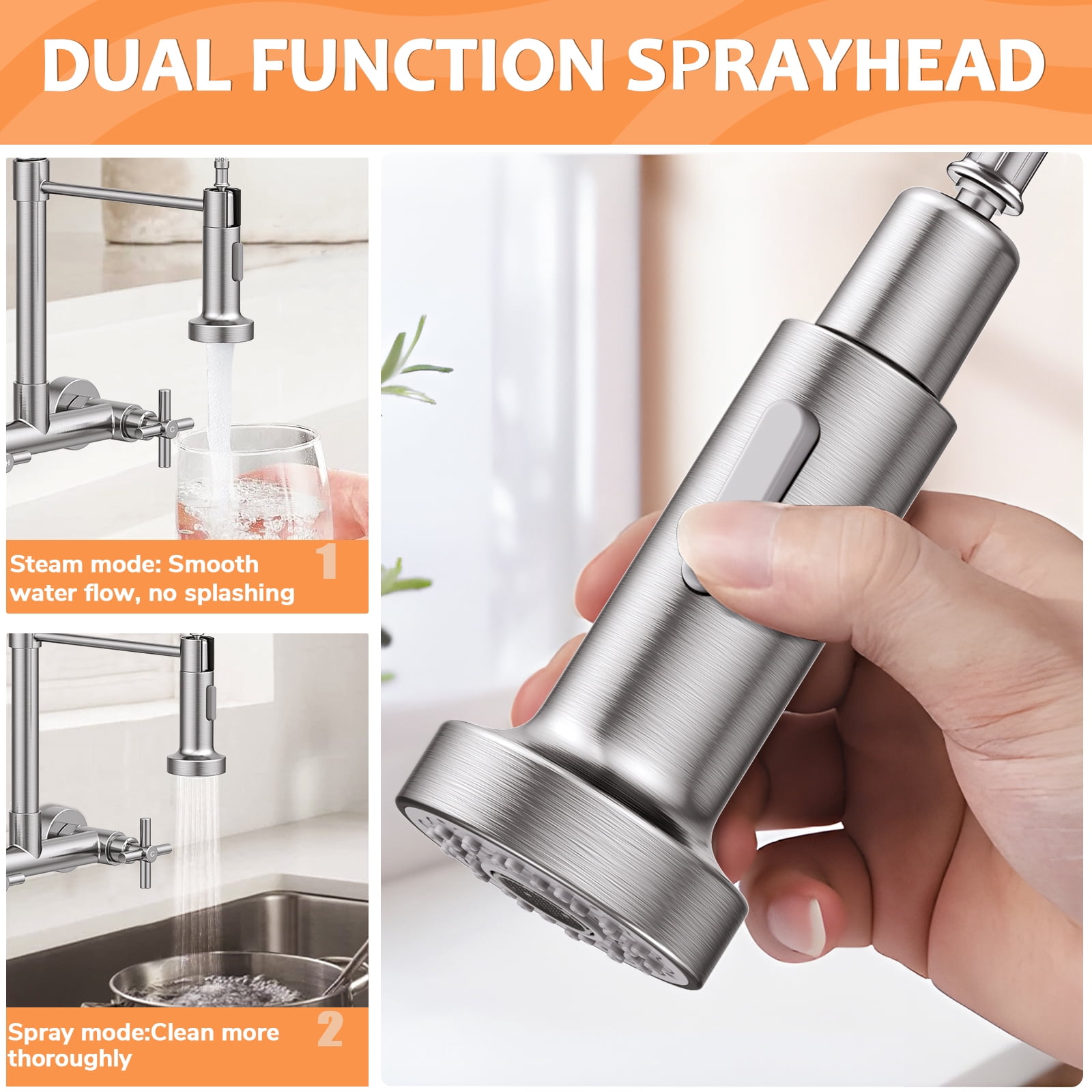 KINGTACK Wall Mount Kitchen Faucet,8 inch Commercial Sink Faucet with Sprayer, Dual Handles Utility Sink Faucet for Kitchen Laundry Restaurant,Stainless Steel, Chrome
