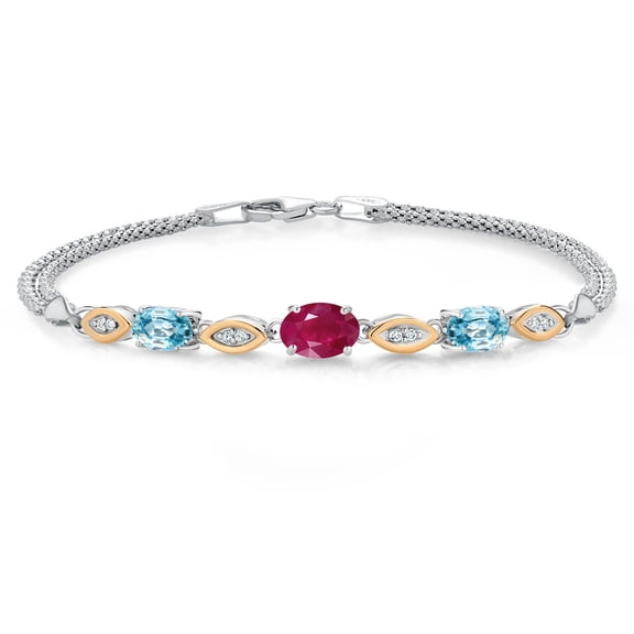 Gem Stone King 925 Silver and 10K Yellow Gold Red Ruby and Blue Zircon and White Lab Grown Diamond Bracelet for Women (2.36 Cttw, Gemstone July Birthstone, Oval, Wheat Chain, 6.5 inches)