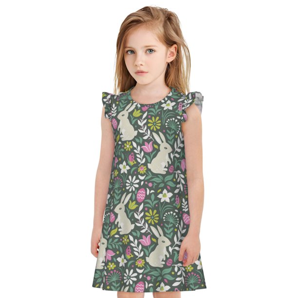 Fotbe Retro Bunny Floral Vestido de Dormir para Niñas de 3 a 10 Años, Mangas Cortas, Estilo Princesa, Pijama Camisón con Mangas Voladas-Small