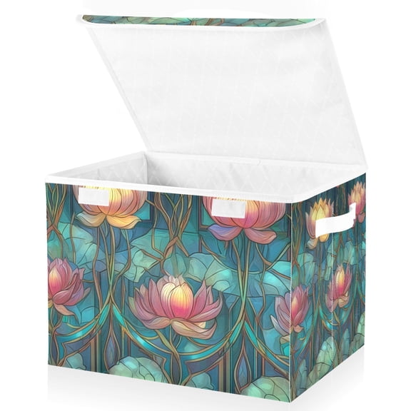 Yayeee Collapsible Cube Storage Bin with Lid Fabric Closet Decorative Basket with Handles, Art Water Lilies Pattern