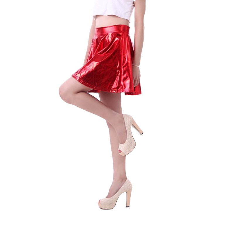 Aunavey Women's Shiny Metallic Wet Look Stretchy Flared Mini Skater Skirt  Holographic Skirt 