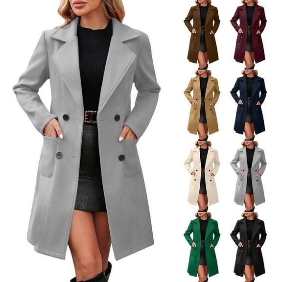 Nfurl Pea Coats Jackets for Women Elegant Notch Lapel Single Breasted Long Trench Coat with Pockets Business Casual Ladies Winter Peacoats Gray L