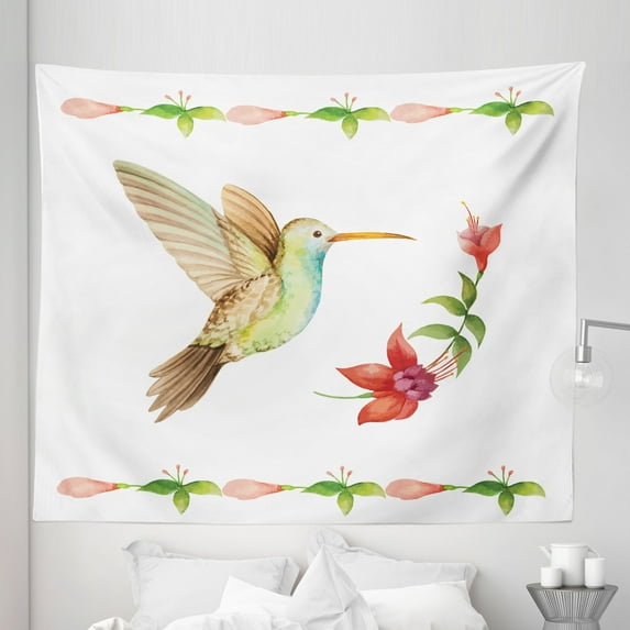 Nature Tapestry, Hummingbird Flying over a Fuchsia Flower Stem Watercolor Effect Art Print, Fabric Wall Hanging Decor for Bedroom Living Room Dorm, 5 Sizes, Red and Green, by Ambesonne