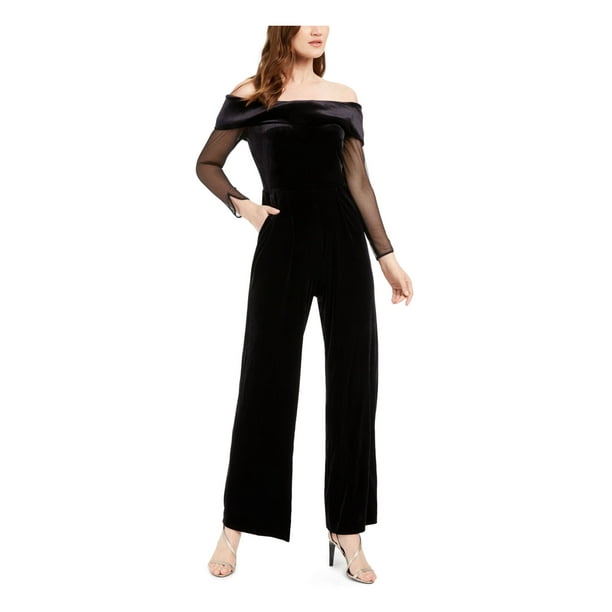 CALVIN KLEIN Womens Black Sheer Zippered Long Sleeve Off Shoulder Cocktail  Wide Leg Jumpsuit 2 