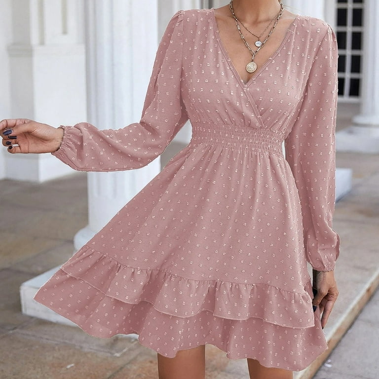 Womens Fall Long Sleeve Dresses Wrap V Neck Solid Color Ruffle