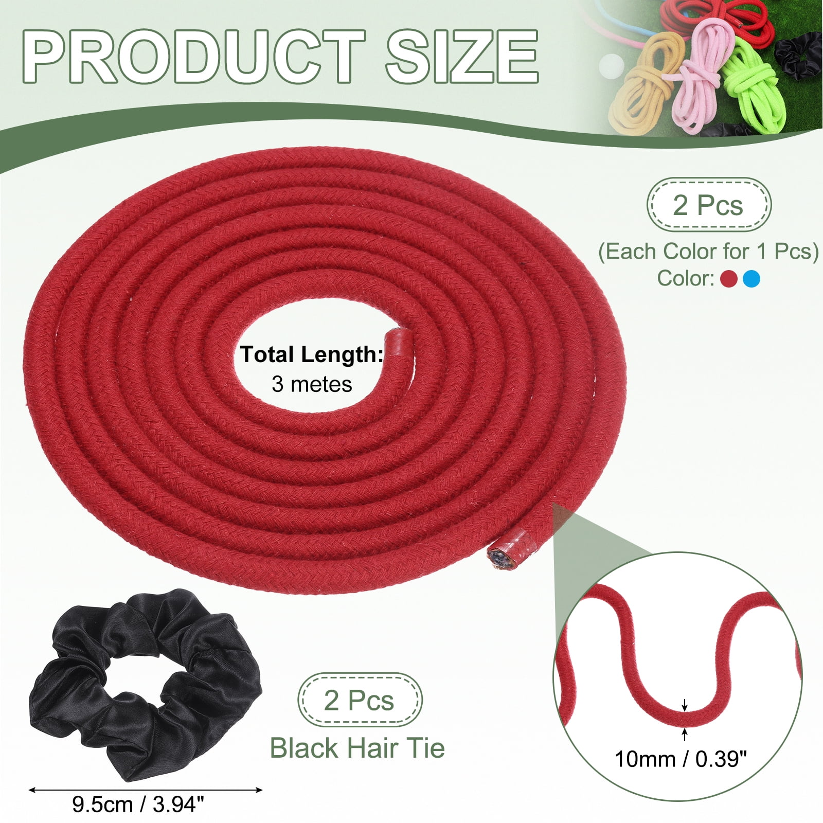 Gymnastics Rope, Exercise Fitness Aerobic Gymnastic Skipping, Rhythmic Gymnastics Arts Rope with Hair Tie 3 Meters& 2Pcs & Red/Blue - Fit for (Fitness/Outdoor Activities/Yoga)