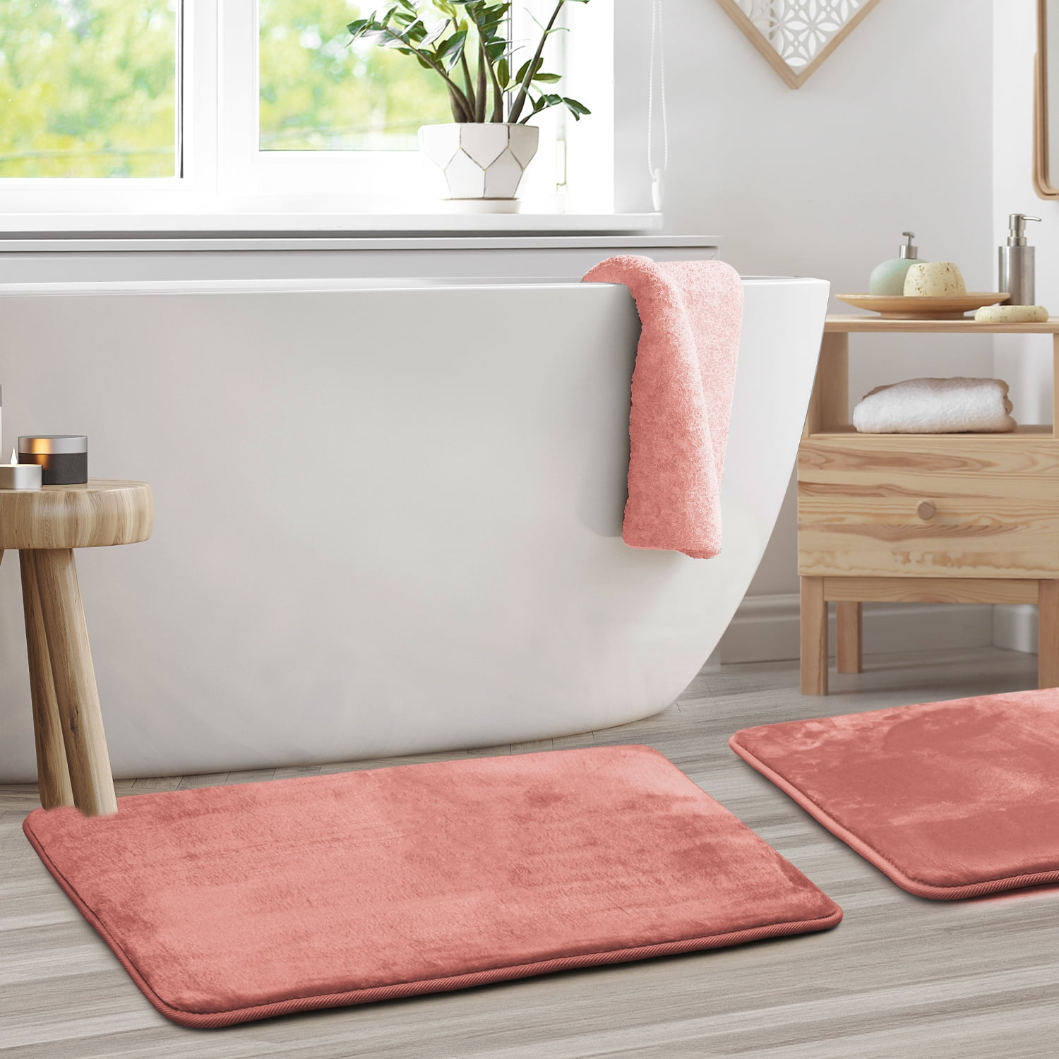 2 Piece Premium Memory Foam Bathroom Mat Set - Absorbent Luxury Plush Non Slip Carpet for Tub Shower & Bath Room, Soft Floor Mats, Machine Washable - Set of 2 20x32 inch Bath Rugs, Misty Rose