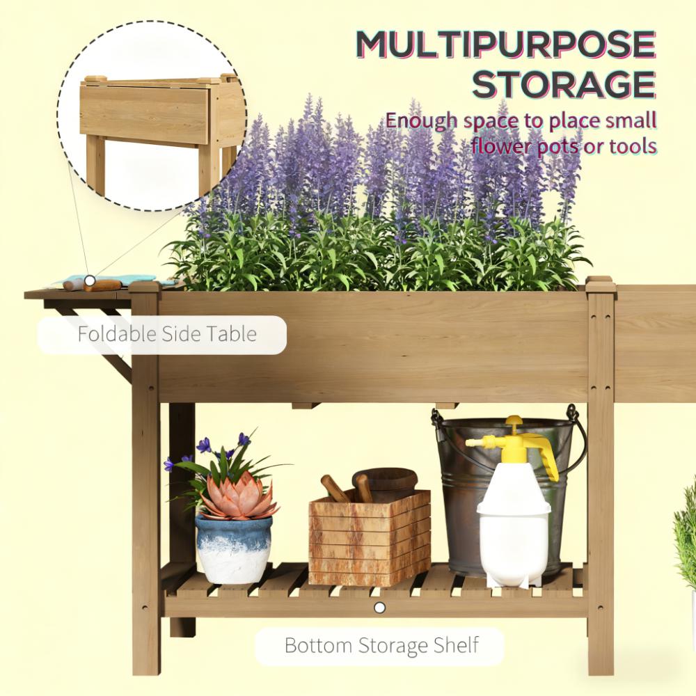 Elevated Garden Bed, Wood Raised Garden Box with Side Table, Bottom Shelf, Bed Liners and Drainage Holes
