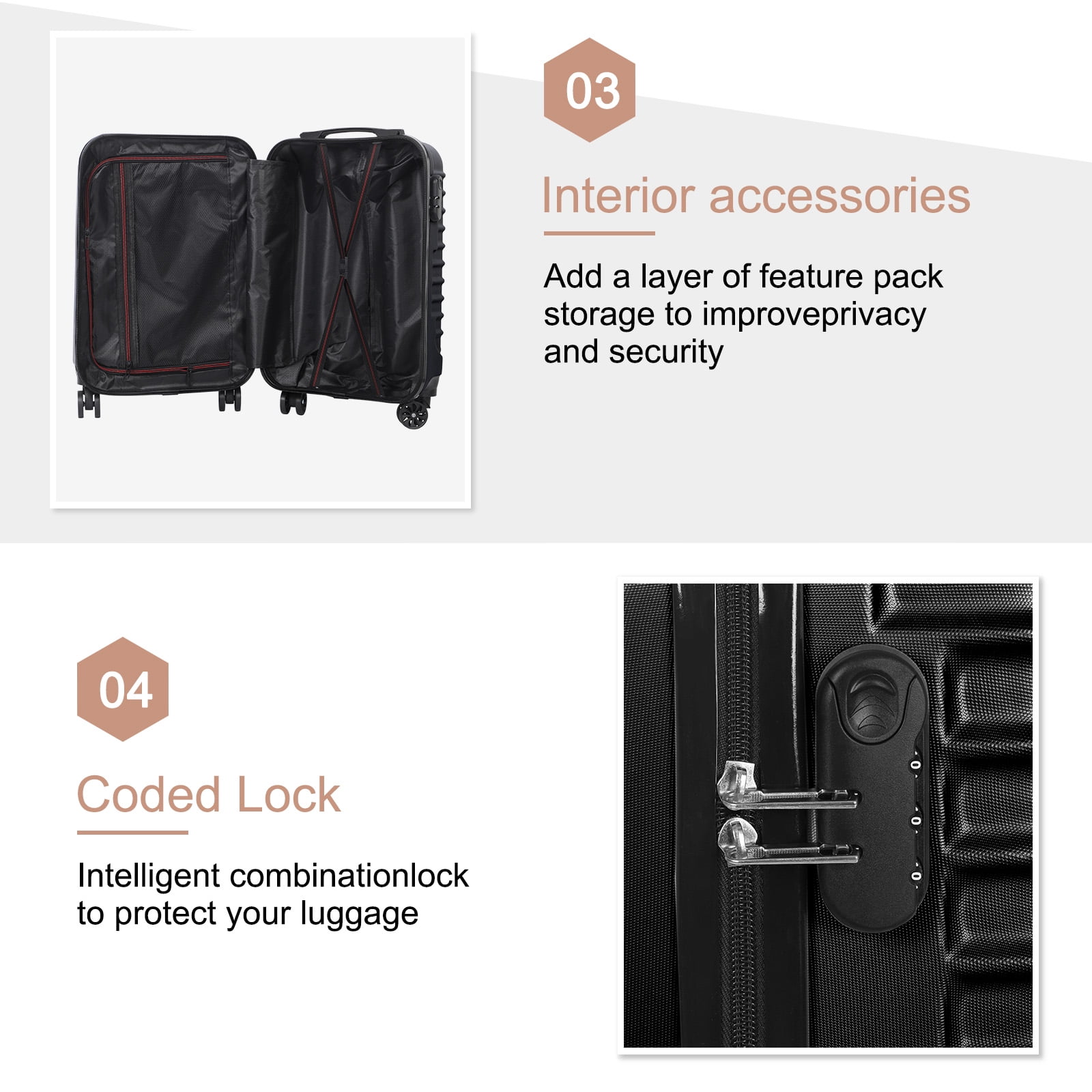 Carry On Luggage, 20" Hardside Suitcase ABS Spinner Luggage with Lock - Shell in Black