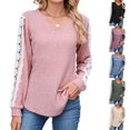 thumbnail image 1 of Camiseta de encaje con escote en V y contraste para mujer, corte holgado e informal, manga larga, color liso, tejido de imitación, ideal para el hogar y el día a día, sopatenor, 1 of 9