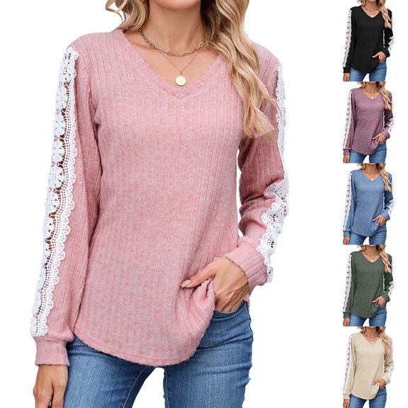Loopsun Womens Fall Tops, Long Sleeve T Shirts for Women, Women's Casual Loose Solid V-neck Long Sleeve Lace T-shirt Top Beige, M