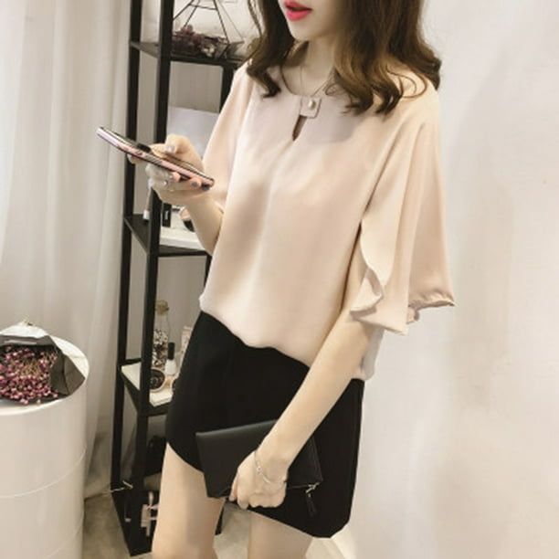 Ruffles Chiffon Blouse Shirt Women Summer Tops T-shirt Hollow Out