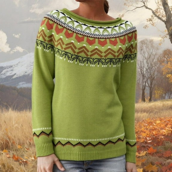 Stralyhd Womens Sweaters Vintage Knit Fair Isle Sweater Crewneck Casual Pullover Knitwear Long Sleeve Lightweight Boho Christmas Sweaters for Women Fluorescent Green XXL