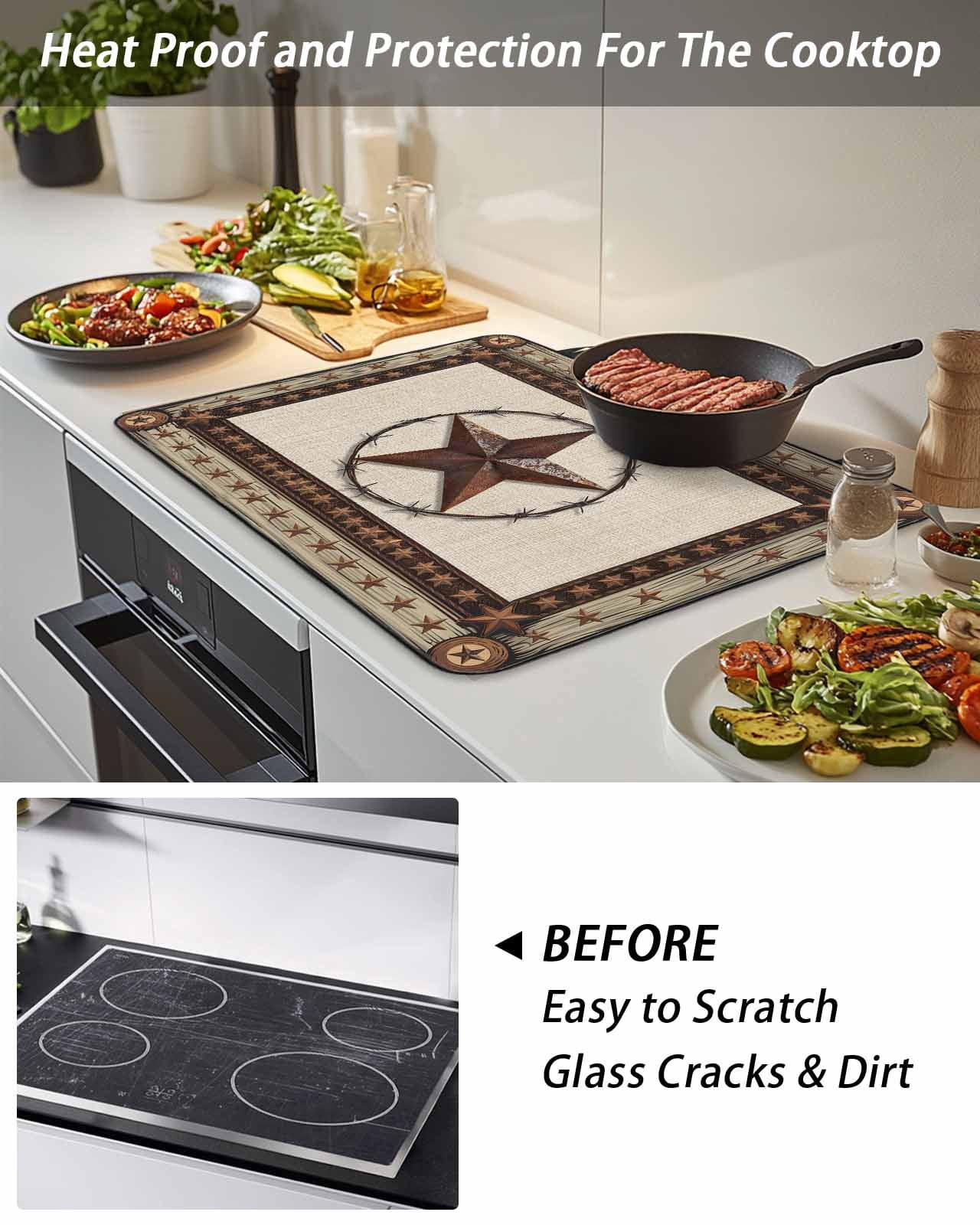 Stove Top Covers for Electric Stove, Country Texas Star Glass Stovetop Cover Protector, Brown Farmhouse Vintage Wooden Induction Cooktop Protector Oven Mat for Kitchen Countertop 24"x21"