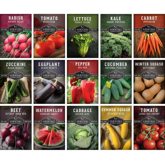 15 pack Vegetable Garden Seed Collection - Non-GMO Heirloom Full Sun Annuals