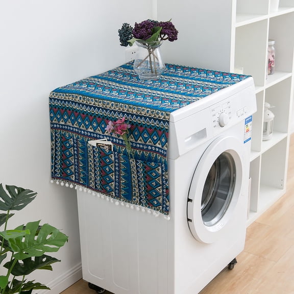 EDHITNR Bohemian Refrigerator Cover, Mediterranean Style Appliance Dust Cover, Linen Fabric Washing Machine Dryer Microwave Oven Top Protector with Side Pockets, Blue