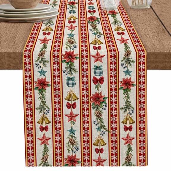 nqOlkjepod Christmas Poinsettia Table Runner 48 Inches Long Farmhouse Dress Scarves, Xmas Pine Branch Snowflake Bell Stars Dining Tablerunner for Coffee Table/Kitchen Island/Party Décor, 13" x 48"