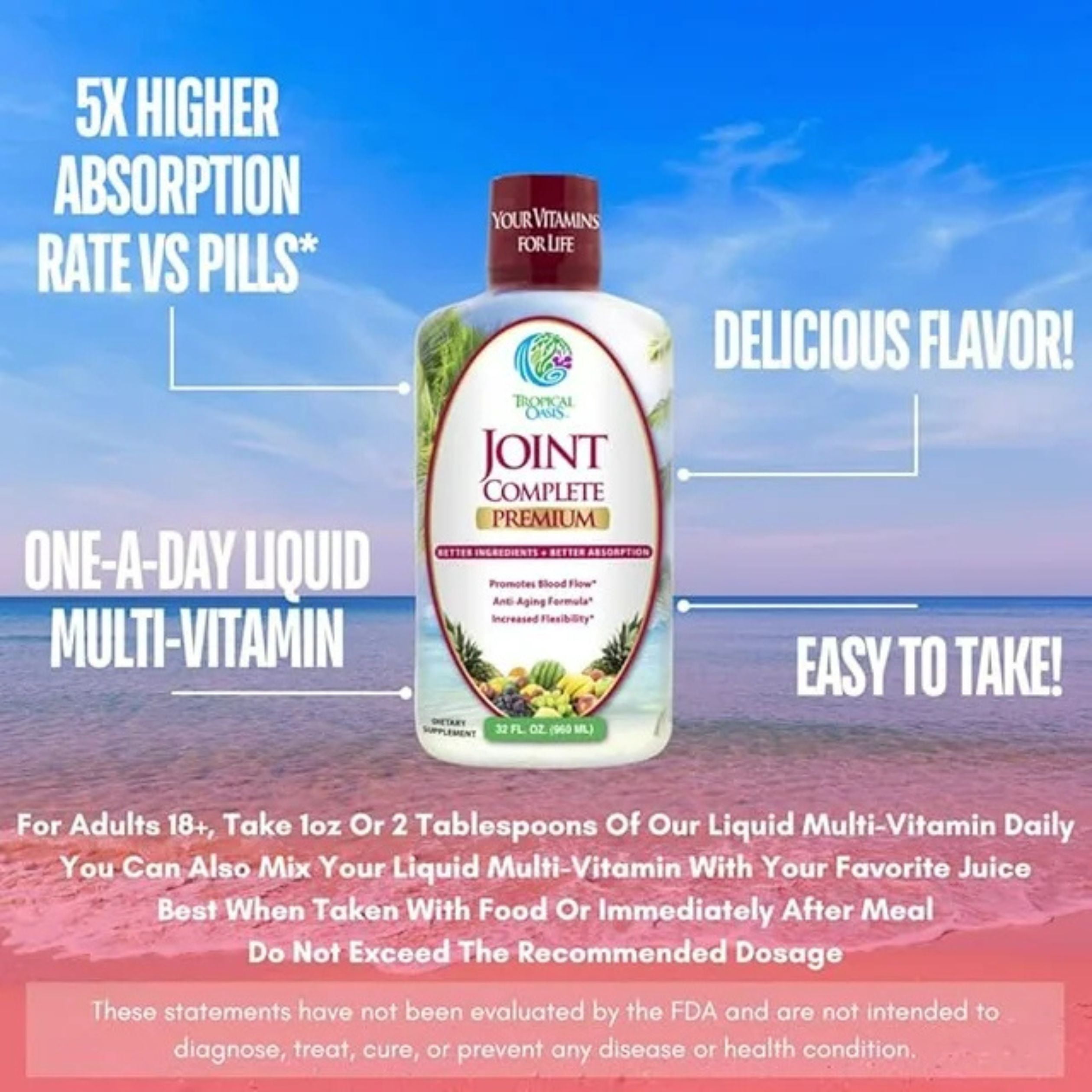 Tropical Oasis Joint Complete Prem, Advanced Liquid Vitamin Supplement with Glucosamine & MSM for Joint Comfort & Natural Mobility, 32 Fl Oz, 32 Servings