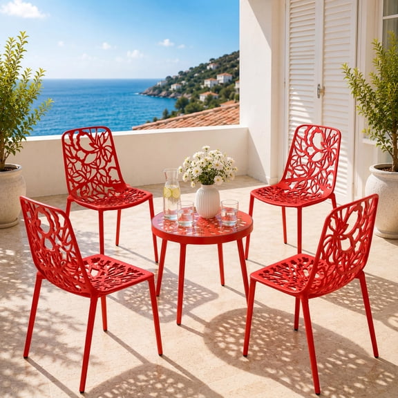 LeisureMod Devon Patio Dining Chair, Floral Cutout Aluminum Metal Stackable Side Chair for Indoor Outdoor Use, Weather & UV Resistant Modern Garden Bistro Seating with Floor Protectors, Red, Set of 4