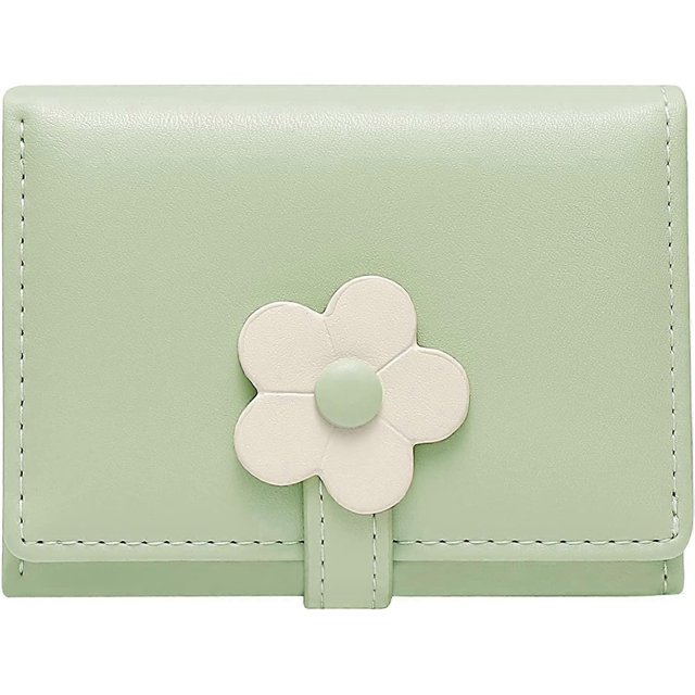 Monedero pequeño y bonito con tres pliegues, delgado, con ventana para tarjetas de identificación y fotos, y hebilla con estampado de flores 3D para mujeres y niñas (verde)