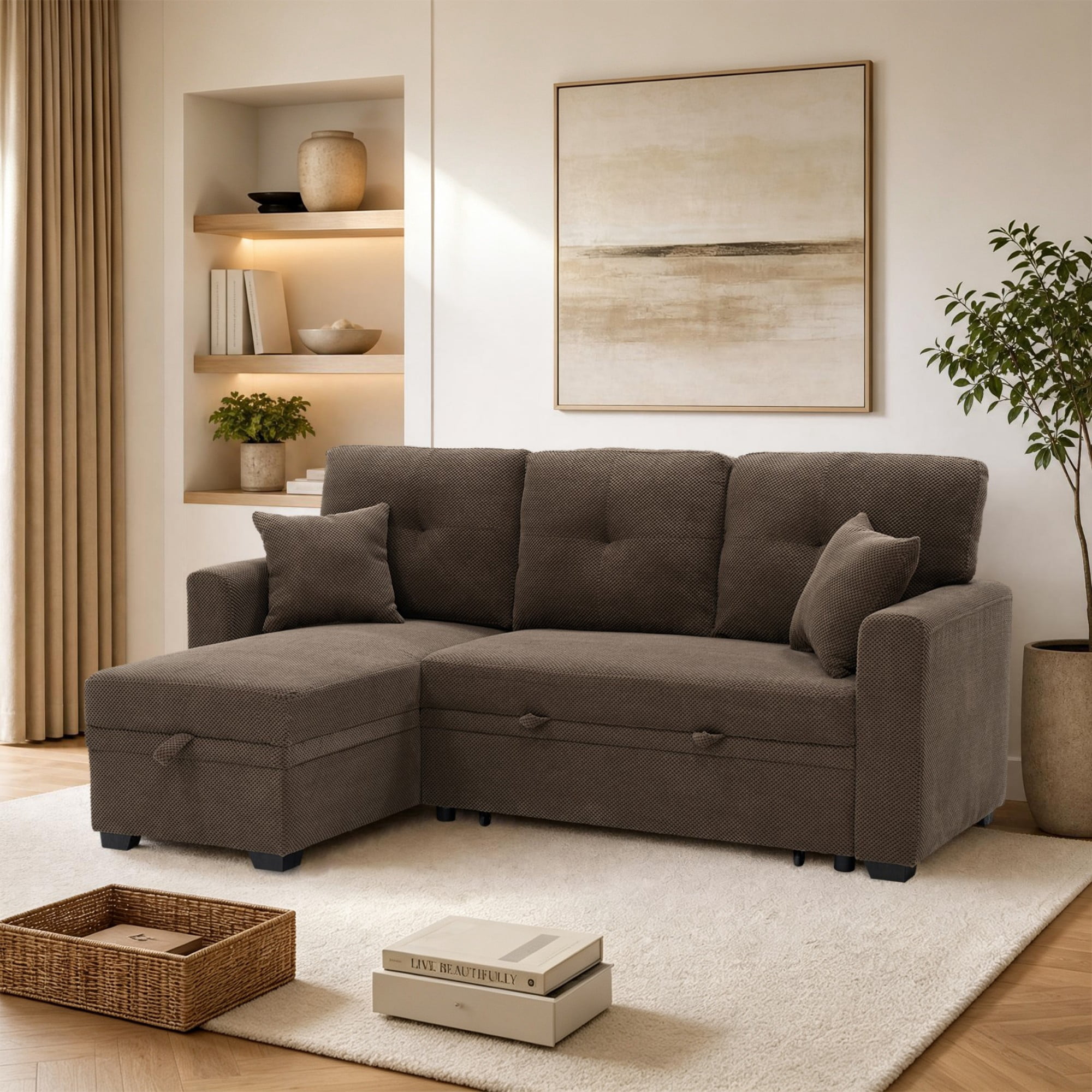 BSHTI 71"Foil Fabric L-Shaped Pull-Out Sleeper Sofa Bed with Reversible Chaise, Hidden Storage for Living Room（Coffee）