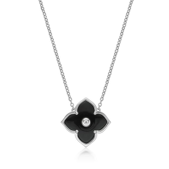 Lavari Jewelers Flora Women's Black Onyx Flower Pendant Necklace in Yellow Gold Plate Sterling Silver with Cubic Zirconia - 16- 18 Inch Adjustable Cable Chain