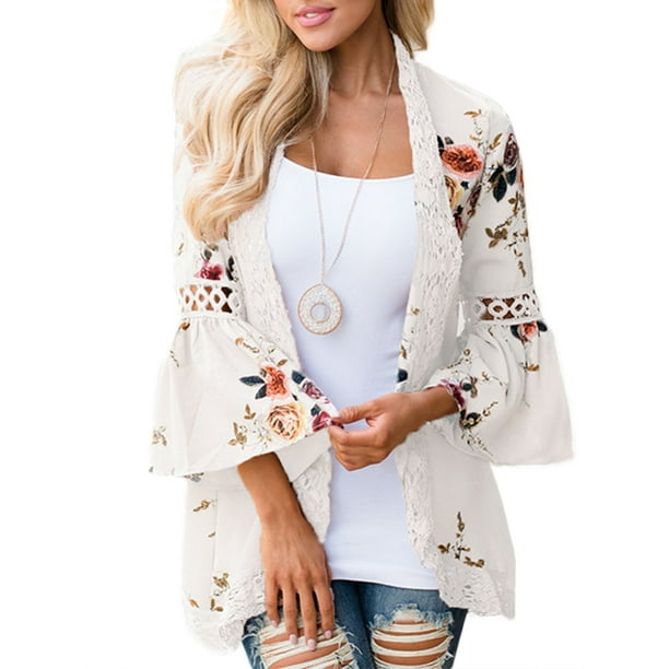 DYMADE Women's Kimono Cardigans Floral Print Chiffon Beach Cover ups