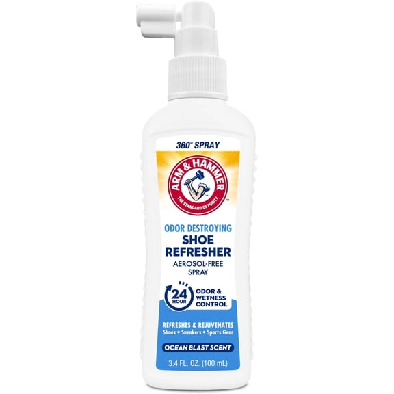 Arm & Hammer Shoe Refresher Spray, Odor Eliminator for Sneakers, 24 Odor & Wetness Control, Aerosol-Free Shoe Deodorizer, Ocean Blast Scent, 3.4 oz