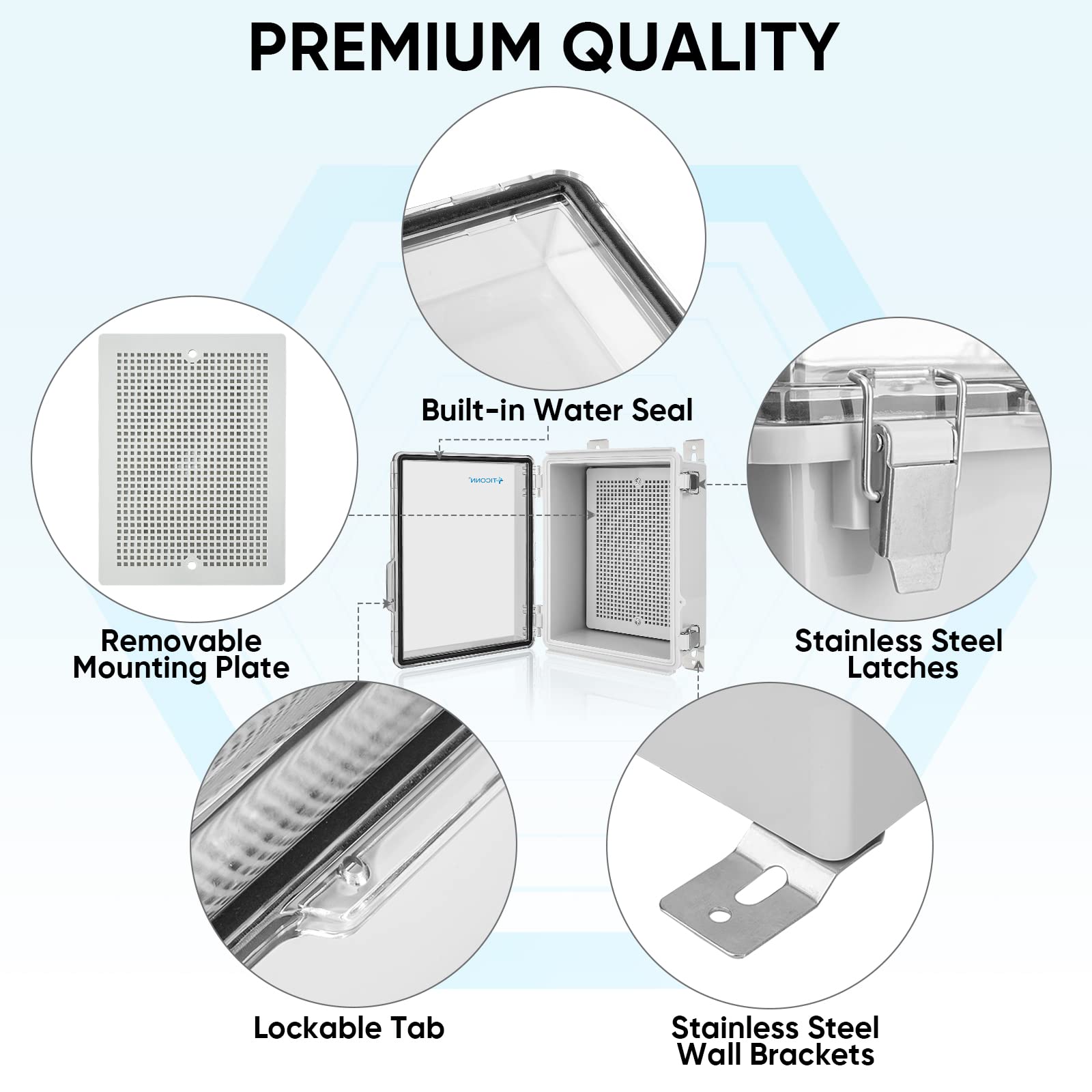 HOMLUX 8.7"x6.7"x4.3" Waterproof Electrical Junction Box, IP67 ABS Plastic Enclosure with Hinged Cover with Mounting Plate, Wall Brackets, Cable Glands