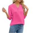 thumbnail image 4 of Htigea 3/4 Length Sleeve Women's T-shirts Textured V Neck Button Down Tops Solid Casual Tees Dressy Business Work Blouse Hot Pink,M, 4 of 4