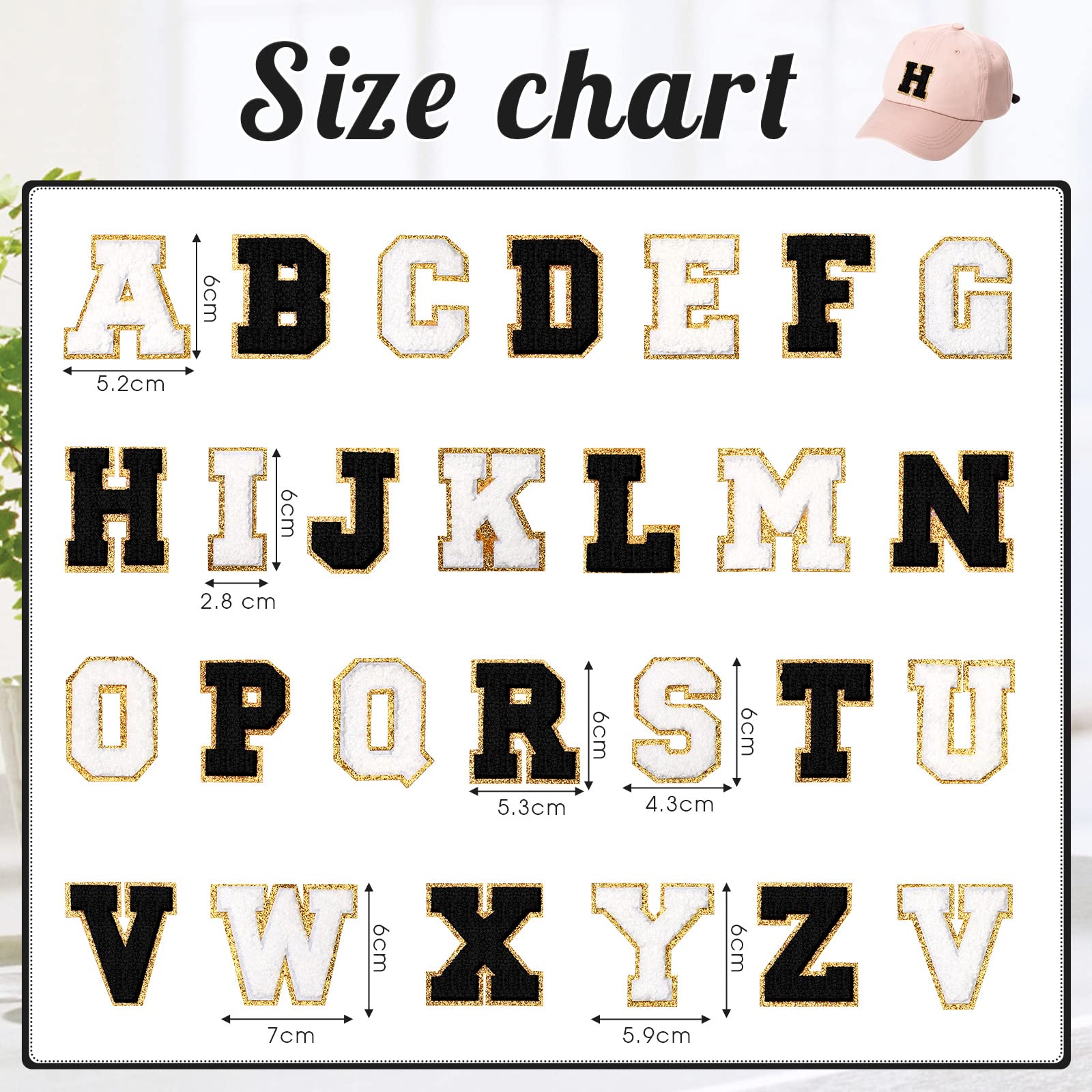 104pcs Letter Patch Iron on Chenille A-Z Repair Alphabet Applique Patches Embroidered Letter Sew on with Golden Border for Bags Shirts