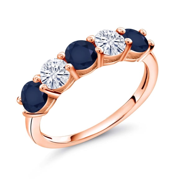 Gem Stone King 18K Rose Gold Plated Silver Blue Sapphire and Moissanite Wedding Band Ring for Women (1.07 Cttw, Round 3.5MM, Gemstone September Birthstone, Size 5)