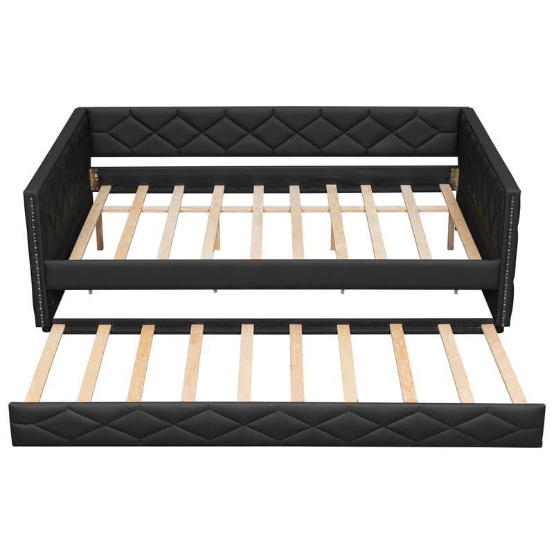 Full XL Size Faux Leather Upholstered Daybed with Twin Size Trundle, Low-Profile Sofa Bed Frame with LED Lighting Armrests