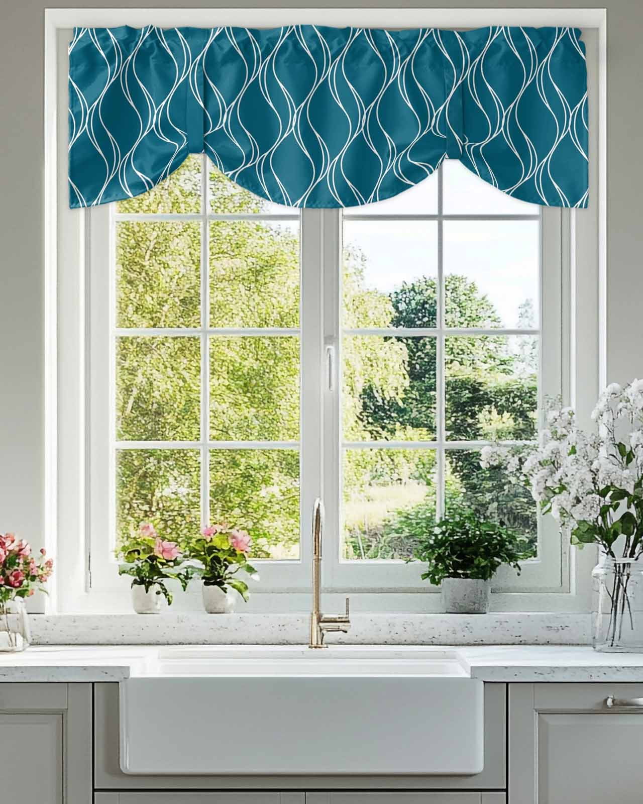 Peacock Blue Lines Tie Up Valances Curtain, Adjustable Kitchen Abstract Waves Striped Classic Valances for Windows Decor, Rod Pocket Short Curtains Set for Bedroom/Bathroom, 60"x18"