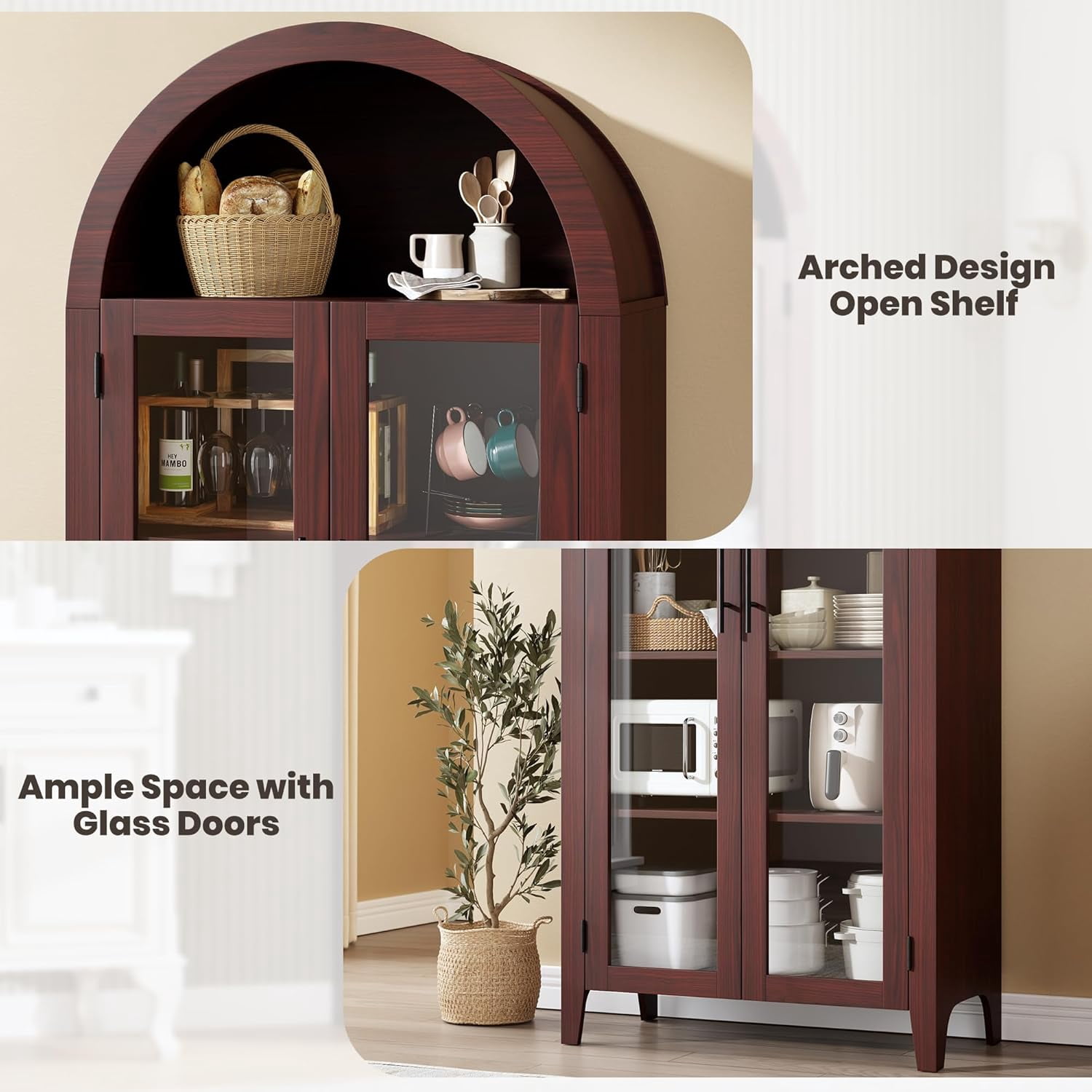 Memoryfield Farmhouse 5 Tier Bookcase Display Shelf, with Adjustable Shelf and 2 Large Glass Doors, Arched Kitchen Pantry Cabinet, Versatile Storage Cupboard, Walnut