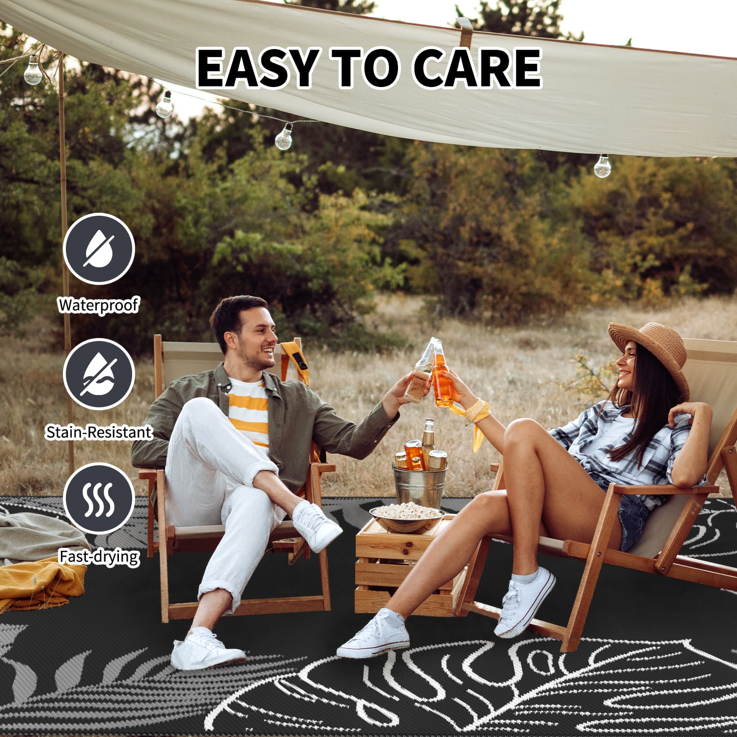SIXHOME 8'x10' Feet Waterproof Outdoor Rug with Led Light Strips, Reversible Black Plastic Patio Mat with Straw Texture Tropical Palm Leaf, Non-Slip Carpet for Camping, RV, Balcony, Porch, Picnic
