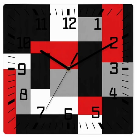 Red Black Grey Geometric Wooden Wall Clock Silent Non Ticking, Modern Abstract Art Luxury Square Wall Clocks Battery Operated, Decor Clock for Home Office, Living Room, Kitchen, 10 Inch
