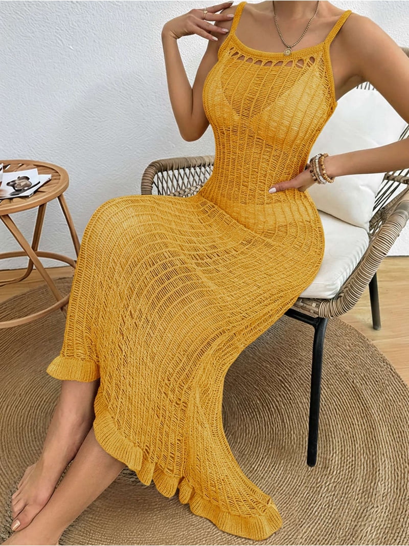 crochet knit bodycon dress Jaimenalin Women Hollow Out Maxi Bathing Suit Cover Up Long Beach Long Dresses Yellow XL, Women's High-quality Bebe Women's Lace Drop Size:XL/16  - (UK 16/US 12/EU 44) Ideal for casual days