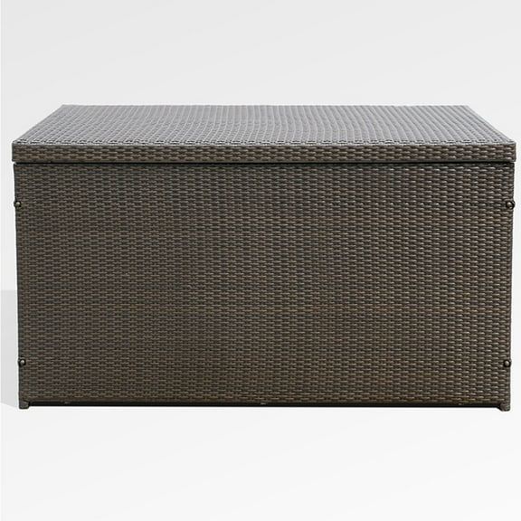 Krikacy 225 Gallon Outdoor Storage Box with Hydraulic Lid, Extra Large Wicker Deck Box for Patio, Garden, Poolside, Brown