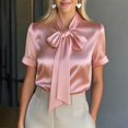 thumbnail image 2 of WHEANG Women's Solid Satin Collared Blouse, Loose Fit Roll Cuff Short Sleeve Casual Dressy Tops, Elegant Work Shirts for Daily Office Summer Wear Comfort Satin Top Outfits Size S Pink, 2 of 3