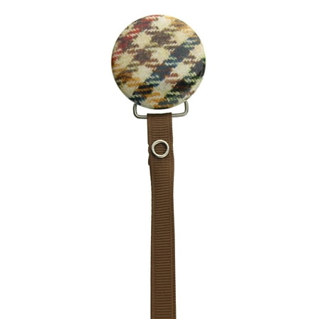 Tan Plaid Pacifier Clip with Matching Ribbon