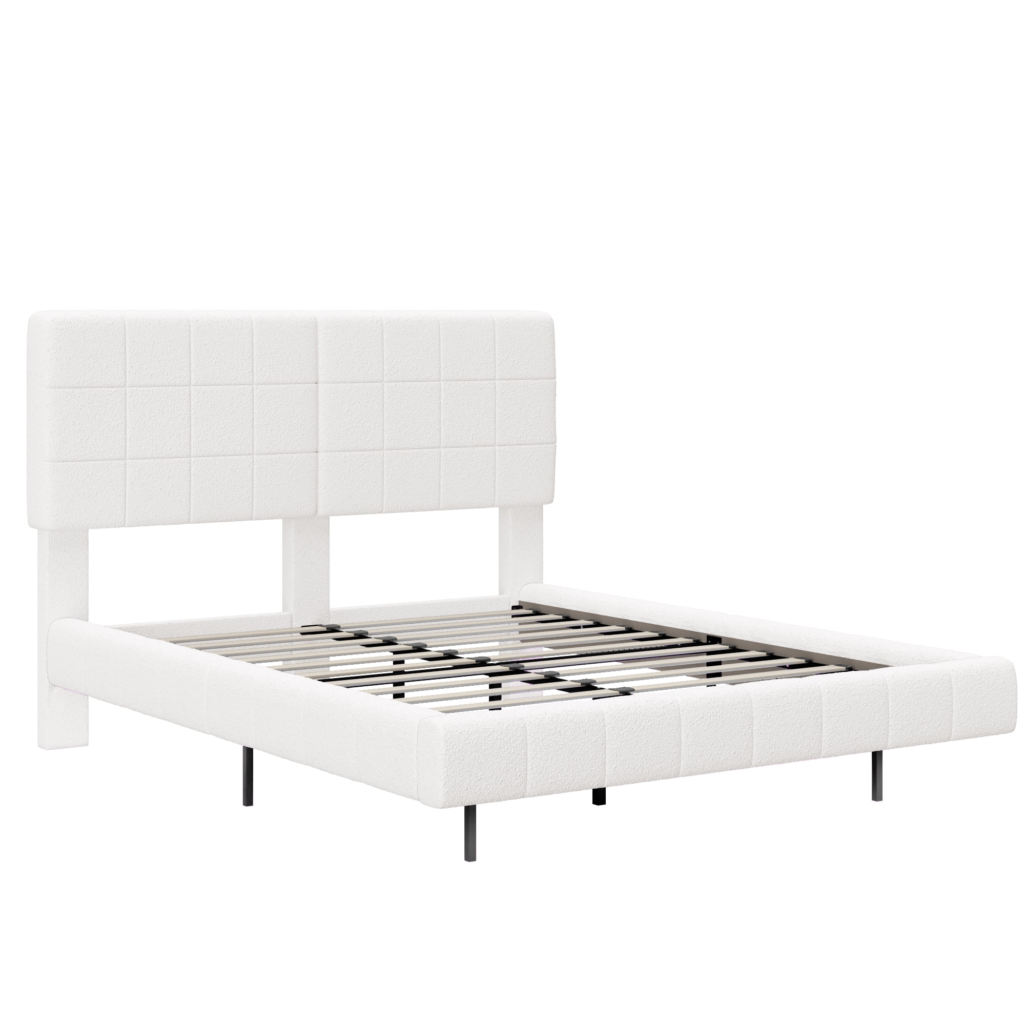 Mintazer Queen Size Floating Upholstered Platform Bed Frame with Grid Tufted Headboard and LED Lights, Boucle Fabric Bed for Bedroom, No Box Spring Needed, White