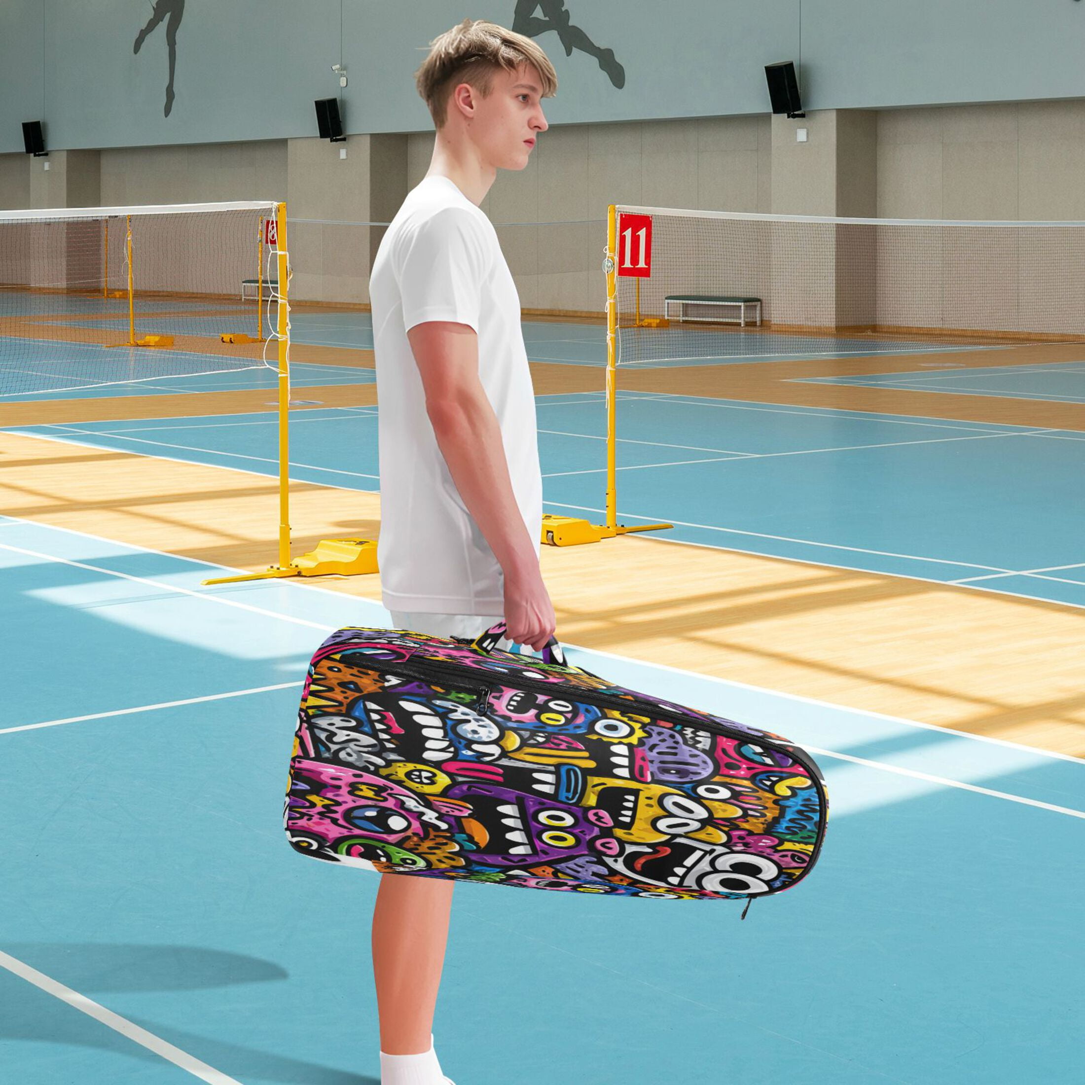 2 Racquet Holder Tennis Backpack Tennis Racket Covers Gym Bags Colorful Cartoon Monsters