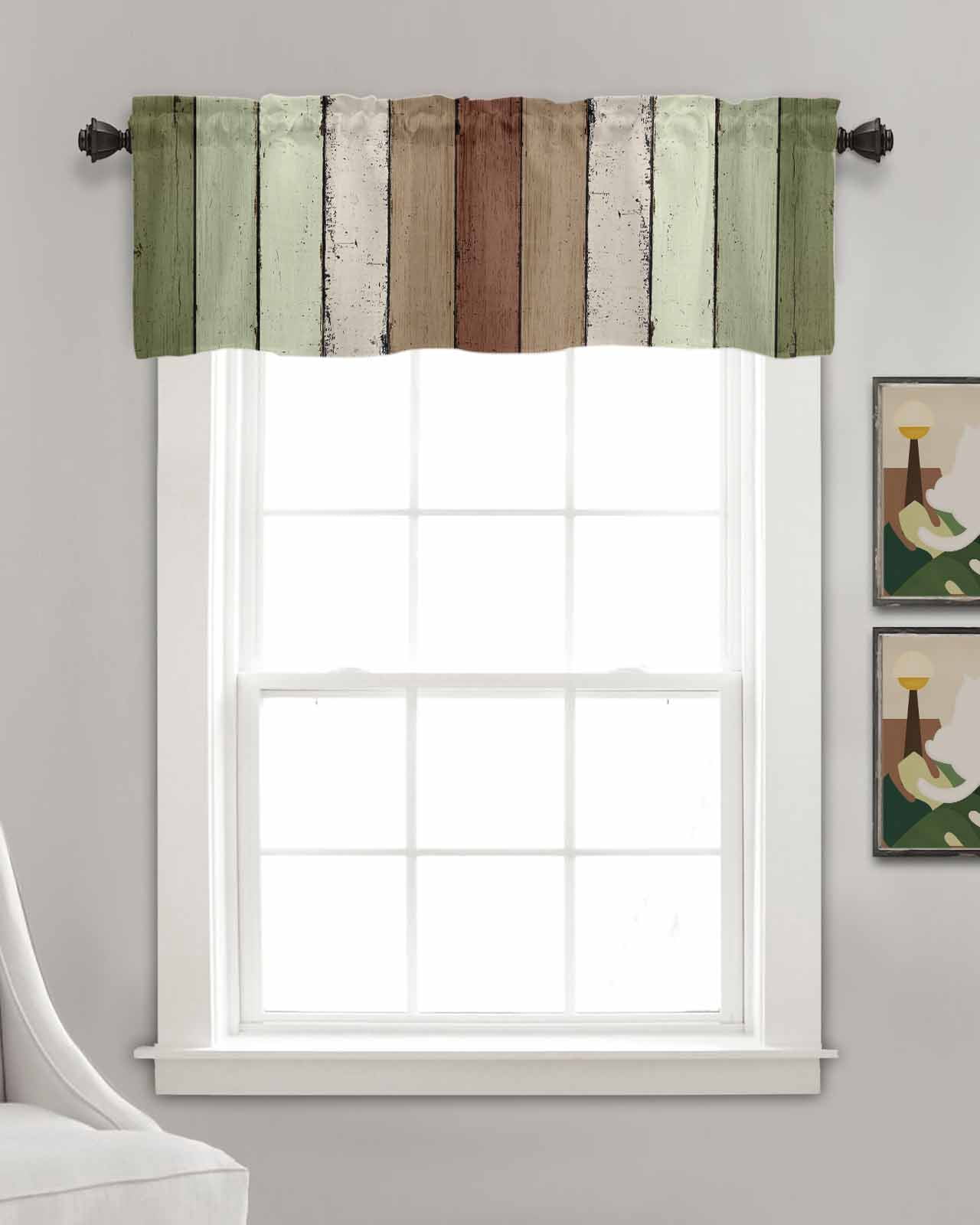 Sage Green Kitchen Valances for Windows Farmhouse Linen Window Valance Curtain for Living Room Window Treatment Farmhouse Wood Grain Vintage Brown Striped Valance Rod Pocket Topper, 42 x 18 Inch