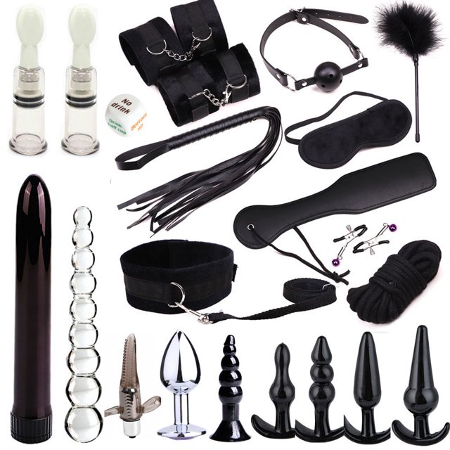 Juego de 23 juguetes sexuales para adultos con esposas, látigo, consolador, vibrador, tapones anales, clip para vendar los ojos, juegos BDSM, productos para mujeres, hombres y parejas.