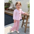 thumbnail image 5 of RUINIXCW Toddler Girls Fall Outfits Front Bow Striped Long Sleeve Shirt and Elastic Flare Pants Set 2 Piece Clothes, 5 of 8
