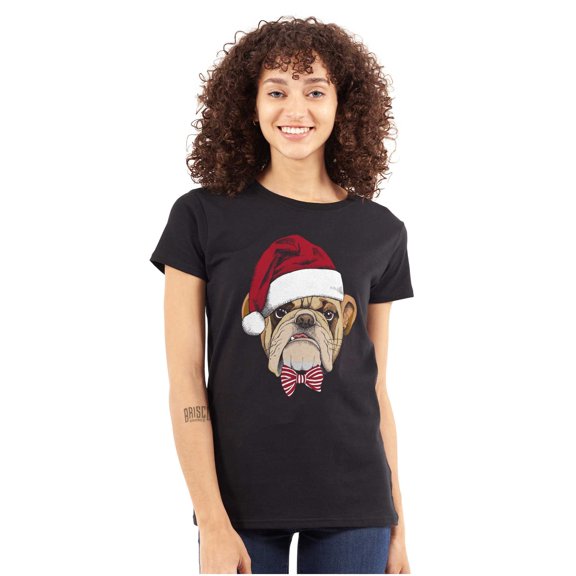 Cute Santa Pug Bulldog Christmas Womens Slim Fit Graphic Tee Brisco Brands S
