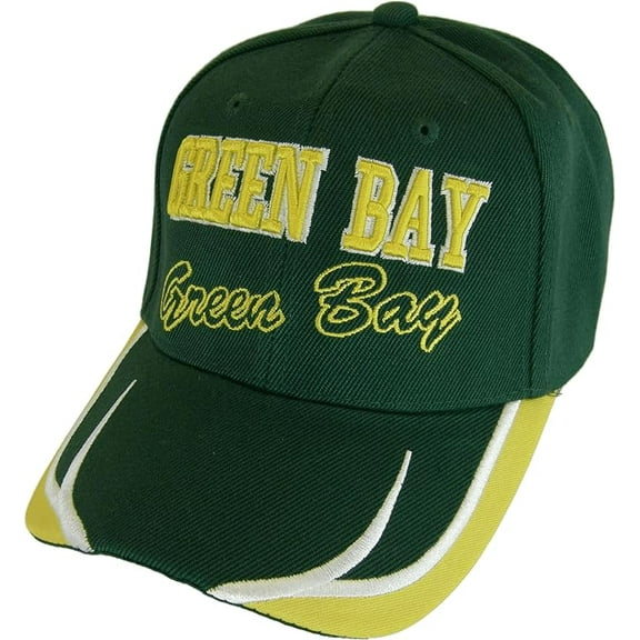 Green Bay City Name Block and Script Lettering Baseball Cap with Embroidered Bill (Green/Gold)