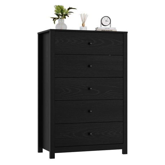 SOLLED 5-Drawer Tall Wooden Dresser Chest with Deep Storage Drawers and Metal Knobs for Bedroom, Living Room, Hallway,Black