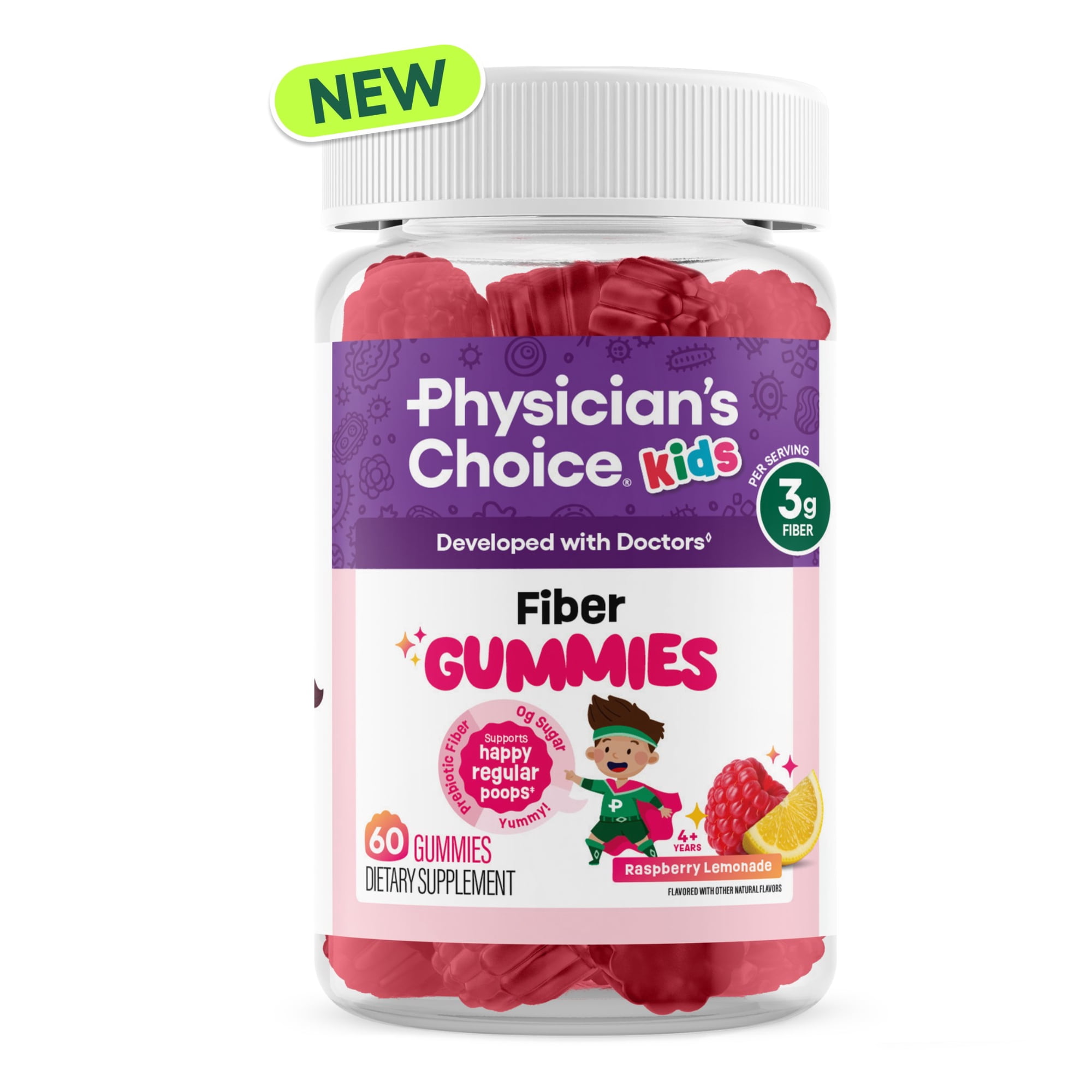 Physician’s Choice Kids Fiber Gummies, Prebiotic Fiber Supplement for Kids Ages 4+, Sugar Free, Raspberry Lemonade, 60 Gummies